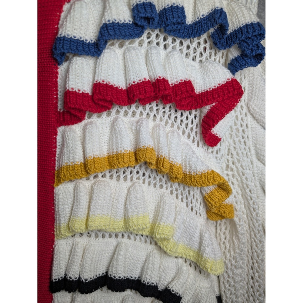 ANDREEVA Crochet Sweater Multi Color Ruffle Open Knit Zip Up Cardigan Medium - Picture 8 of 9
